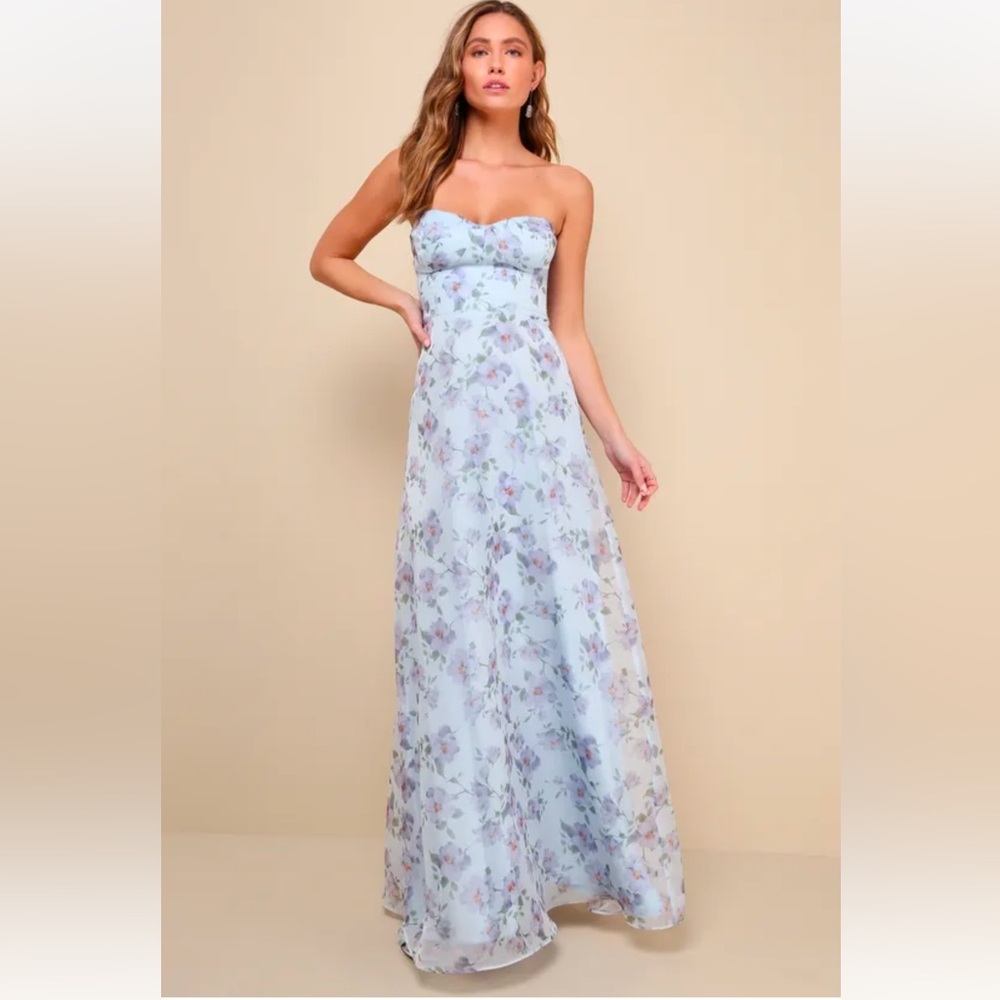 NWT Lulu’s Chic Preciousness Light Blue Floral Organza Bustier Maxi Dress Medium